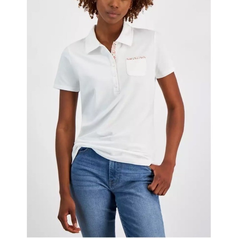 Nautica Jeans Women's Blue Floral-Print Short-Sleeve Polo Shirt Size XL